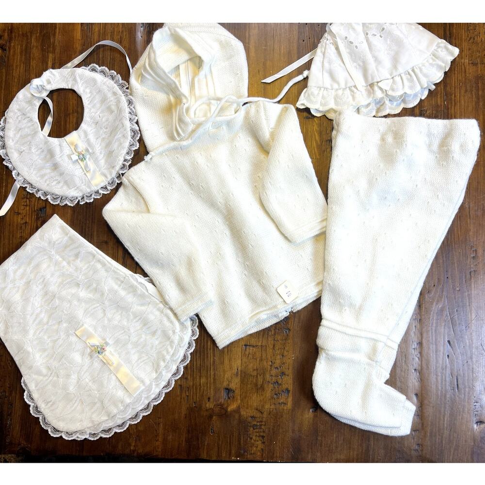 Soft White Knit Baby Clothing and Accessory Bundle w/ Baptism Bib - 0-3 months